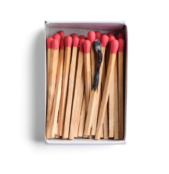 Top view of opened match boxes with burned matchsticks. Isolated — Stock Photo, Image