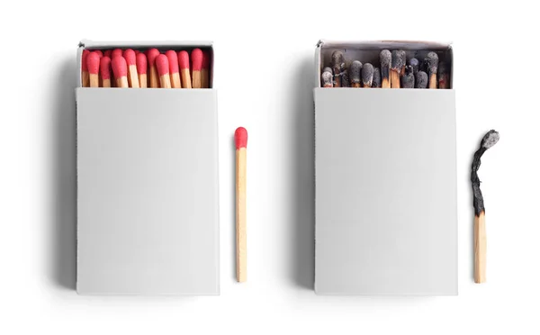 구운된 matchsticks 열린된 일치 상자의 최고 볼 수 있습니다. 절연 — 스톡 사진