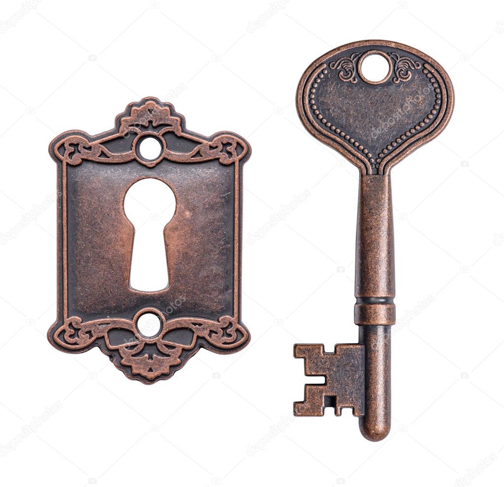 Old key and keyhole isolated on white background
