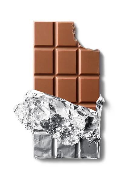 Vista Superior Barra Chocolate Con Leche Mordida Papel Aluminio Aislado —  Fotos de Stock