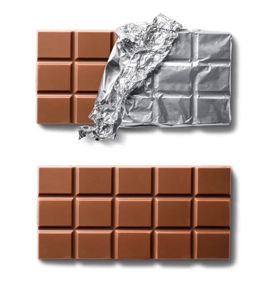 Pohled Shora Mléčná Čokoláda Čokoládové Tyčinky Alobalu Izolované Bílém Pozadí — Stock fotografie