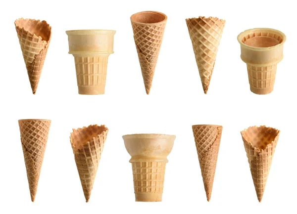 Collection Empty Ice Cream Cone Isolated White Background — Stock Photo, Image