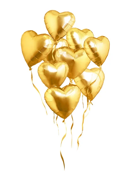 Globos aéreos en forma de corazón dorado volador. Aislado sobre respaldo blanco — Foto de Stock