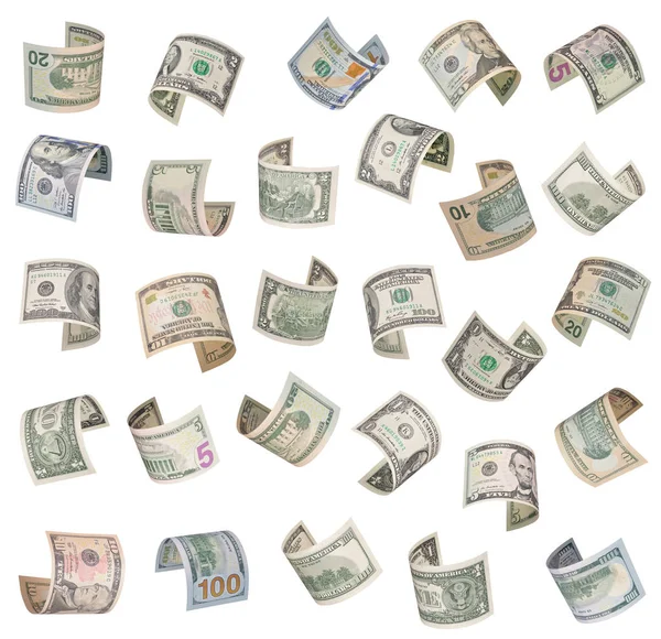 Set of flying dollars bills. Isolated on white background — Stock Photo, Image