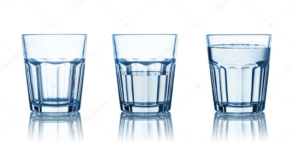 Empty,half and full water glasses . Isolated on white