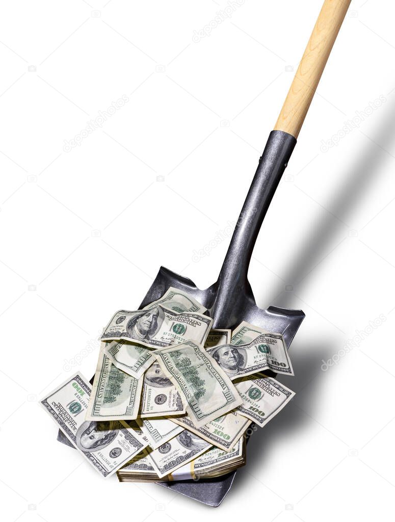 Shovel lifts American dollar bills. Isolated on white background