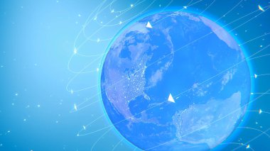 Genel ağ bağlantısı. Dijital dünya. Dünya 'nın etrafındaki bağlantı çizgileri.
