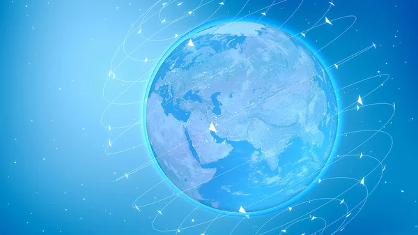 Genel ağ bağlantısı. Dijital dünya. Dünya 'nın etrafındaki bağlantı çizgileri.
