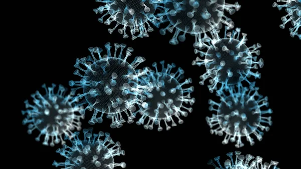 顕微鏡下のコロナウイルスCovid コロナウイルスSars Cov 2の発生とコロナウイルスのインフルエンザの背景 流行病医療リスクの概念 3Dイラスト — ストック写真