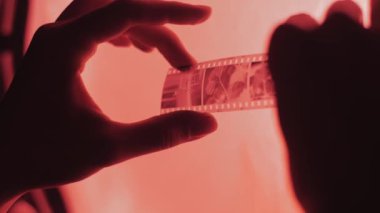Fotoğraf odasındaki negatifleri inceleyen fotoğrafçı, filme odaklanıyor. Fotoğrafçı filigran, çizik ve toz arıyor..