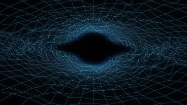 Retro müzik arka planı. Siyah arkaplandaki 3 boyutlu mavi sentetik dalga telli dağ arazisi. Düşük Poli Geometrik Peyzaj. 3D Siber Uzay Sistemi. 80 'lerin stili dijital kablo çerçevesi.