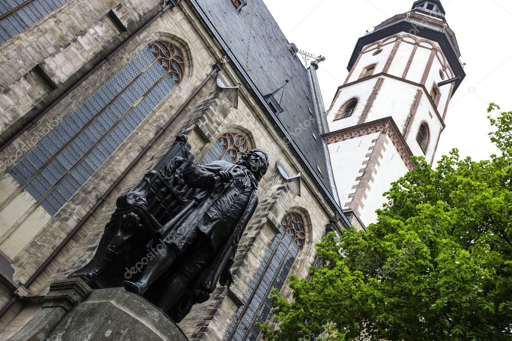 Statue of Johann Sebastian Bach near Thomaskirche St. Thomas Church in Leipzig, Germany. May 2014