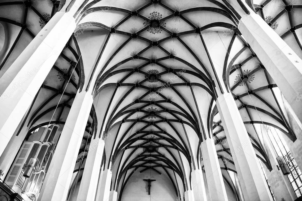 Interior of Lutheran St Thomas Church Thomaskirche in Leipzig, Germany. November 2019 Black and white photo.