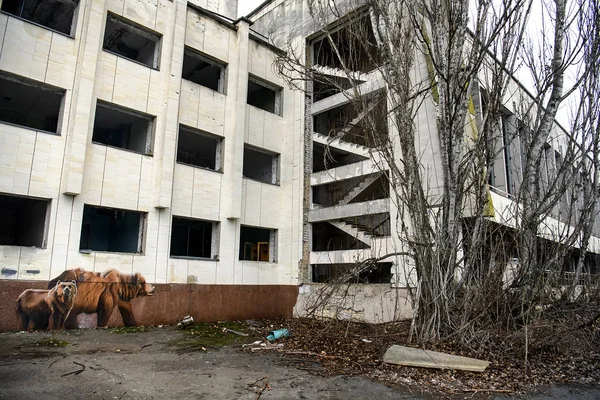 Terk edilmiş hayalet kasaba Prypiat. Aşırı büyümüş ağaçlar ve Chornobyl sınırlama bölgesinde yıkılan binalar. Aralık 2019 — Stok fotoğraf