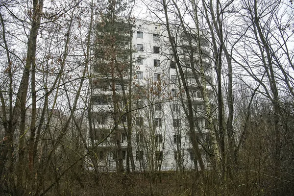 Pueblo fantasma abandonado Prypiat. Árboles sobrecrecidos y edificios colapsados en la zona de exclusión de Chornobyl. Diciembre 2019 — Foto de Stock
