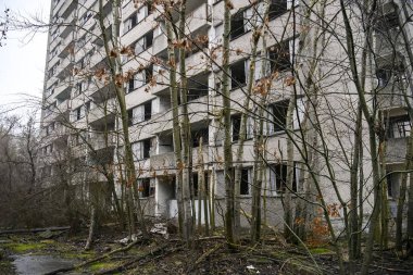 Terk edilmiş hayalet kasaba Prypiat. Aşırı büyümüş ağaçlar ve Chornobyl sınırlama bölgesinde yıkılan binalar. Aralık 2019