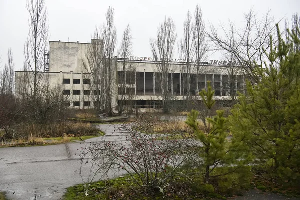 Cidade fantasma abandonada Prypiat. Árvores cobertas e edifícios em colapso na zona de exclusão de Chornobyl. Dezembro de 2019 — Fotografia de Stock