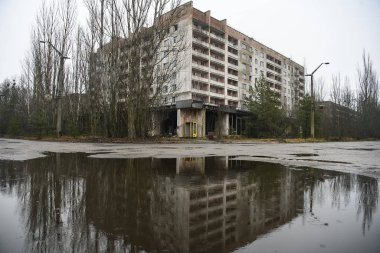 Terk edilmiş hayalet kasaba Prypiat. Aşırı büyümüş ağaçlar ve Chornobyl sınırlama bölgesinde yıkılan binalar. Aralık 2019