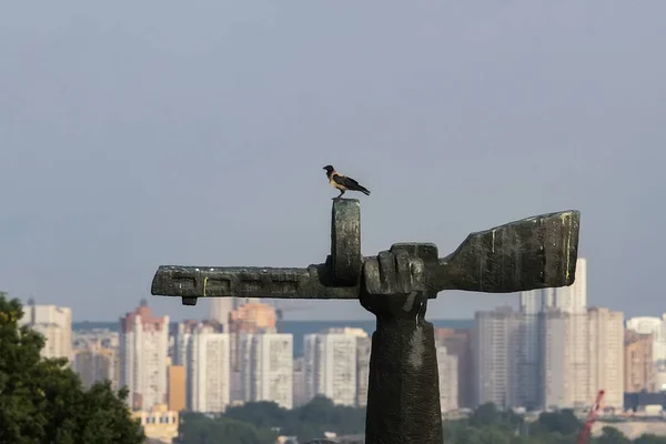 O corvo se senta em um monumento no Museu Mundial de Ii Guerra em Kiev, Ucrânia. Julho 2008 — Fotografia de Stock