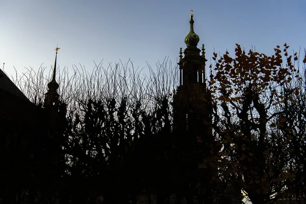 Silhuetas da Catedral de Dresden de Trinity Hofkirche e do Castelo de Dresden Hausmannsturm. Dresden, Alemanha. Novembro de 2019 — Fotografia de Stock