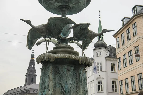 Fonte Cegonha Famosa Praça Amagertorv Centro Histórico Copenhague Dinamarca — Fotografia de Stock
