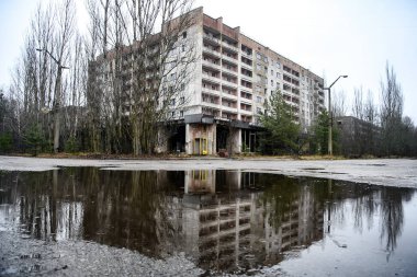 Terk edilmiş hayalet kasaba Prypiat. Kornobil sınırlama bölgesindeki aşırı gelişmiş ağaçlar ve yıkılan binalar..