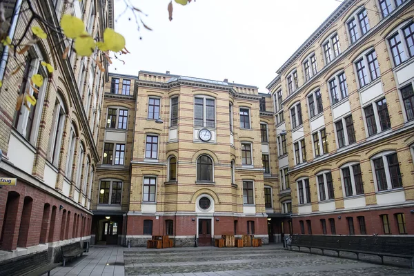 The courtyard of Community school Volkshochschule building in Leipzig, Germany.