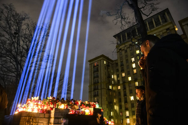 Light beams, which symbolize activist's souls killed during Euromaidan in Kyiv,Ukraine. Day of Heroes of Heaven hundreds