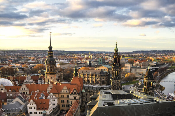 Panoramic view of Dresden city from view platform of lutheran church of Our Lady Frauenkirche, Germany.
