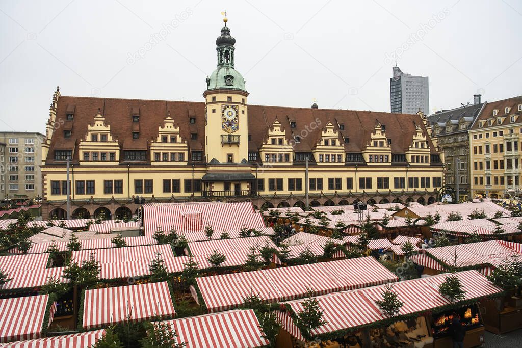 Traditional Festive Christmas fair at Marktplatz Market Square near Old Town Hall. Leipzig, Germany.