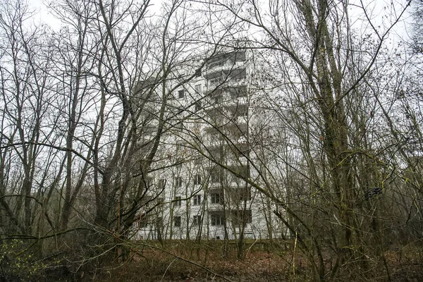 Cidade Fantasma Abandonada Prypiat Árvores Sobrecultivadas Edifícios Colapso Zona Exclusão — Fotografia de Stock