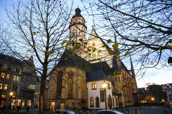 Thomaskirche Thomas Church Pôr Sol Noite Leipzig Alemanha — Fotografia de Stock