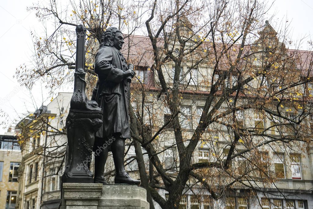 Statue of Johann Sebastian Bach near Thomaskirche St. Thomas Church in Leipzig, Germany.