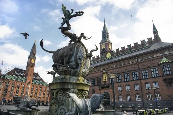 Fountain Bronze Sculpture Bull Dragon City Hall Square Copenhagen Denmark — Stock Photo, Image