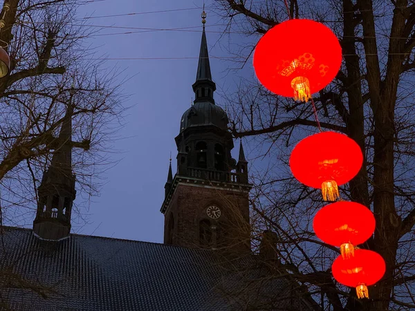 Vista Noturna Para Igreja Espírito Santo Helligaandskirken Copenhague Dinamarca — Fotografia de Stock