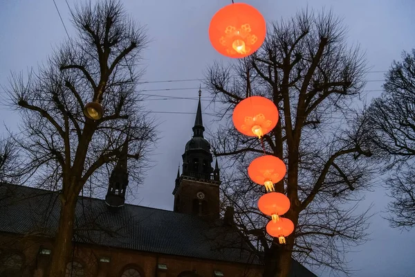 Vista Noturna Para Igreja Espírito Santo Helligaandskirken Copenhague Dinamarca — Fotografia de Stock