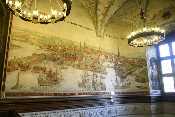 Staré Schody Fresky Stropě Stěnách Uvnitř Radnice Kodani Dánsko — Stock fotografie