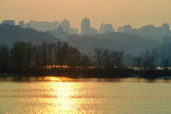 Vista Dalla Riva Sinistra Tramonto Sul Fiume Dnieper Sulla Riva — Foto Stock