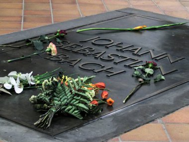 Johann Sebastian Bach grave in Lutheran St. Thomas Church Thomaskirche in Leipzig, Germany. August 2014