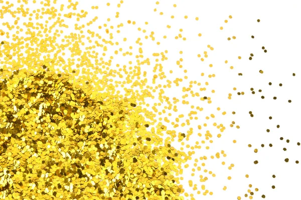 Guld glitter på vit bakgrund. Festlig bakgrund. Golden Explosion av Confetti. Stockbild