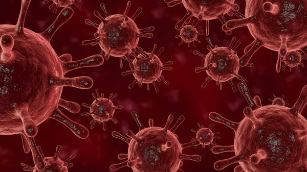 Ilustrasi sel virus atau molekul bakteri di bawah mikroskop. Ilustrasi 3d abstrak Virus corona Sel. Virus influenza pernapasan patogen. Sel virus terbang Covid — Stok Foto