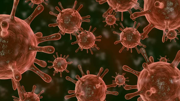 Illustration av virusceller eller bakteriemolekyl i mikroskop. Abstrakt 3D illustration corona virusceller.Patogen respiratorisk influensa. Flygande Covid-virusceller Stockbild