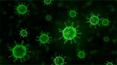 Virüs hücrelerinin ya da bakteri moleküllerinin mikroskop altında resmedilmesi. Soyut 3D illüstrasyon Corona virüs hücreleri. Patojen solunum gribi. Uçan Covid virüs hücreleri
