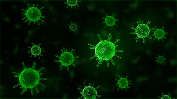 Απεικόνιση κυττάρων ιών ή μορίων βακτηρίων στο μικροσκόπιο. Αφηρημένη 3d εικόνα κύτταρα του ιού της κορόνας.Παθογόνο αναπνευστική γρίπη. Ιπτάμενα κύτταρα του ιού Covid — Φωτογραφία Αρχείου