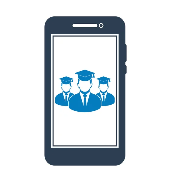 Icône d'apprentissage en ligne avec des étudiants diplômés sur écran mobile Fla — Image vectorielle