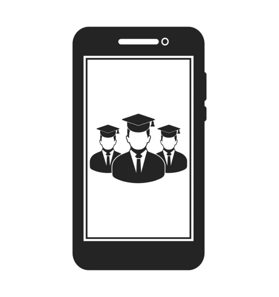 Icône d'apprentissage en ligne avec des étudiants diplômés sur écran mobile Fla — Image vectorielle
