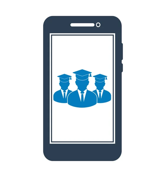 Icône d'apprentissage en ligne avec des étudiants diplômés sur écran mobile. Fl — Image vectorielle