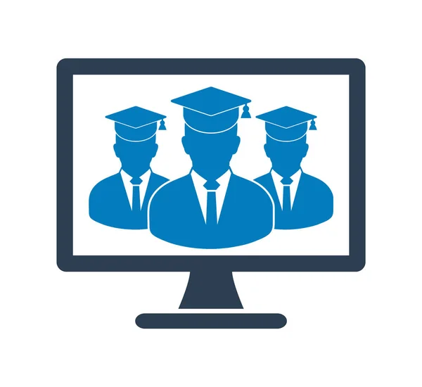 Icono de aprendizaje en línea con estudiantes graduados en Computer Monitor . — Archivo Imágenes Vectoriales