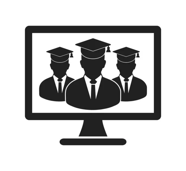 Icono de aprendizaje en línea con estudiantes graduados en Computer Monitor . — Vector de stock