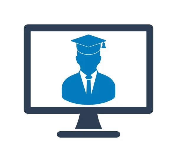 Ícone de aprendizagem E. Símbolo de estudante graduado no Monitor de Computador. Fl —  Vetores de Stock